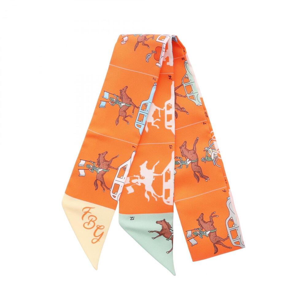 Hermes Twilly Ribbon Scarf/Muffler, Silk, Women's, Orange/Multicolor